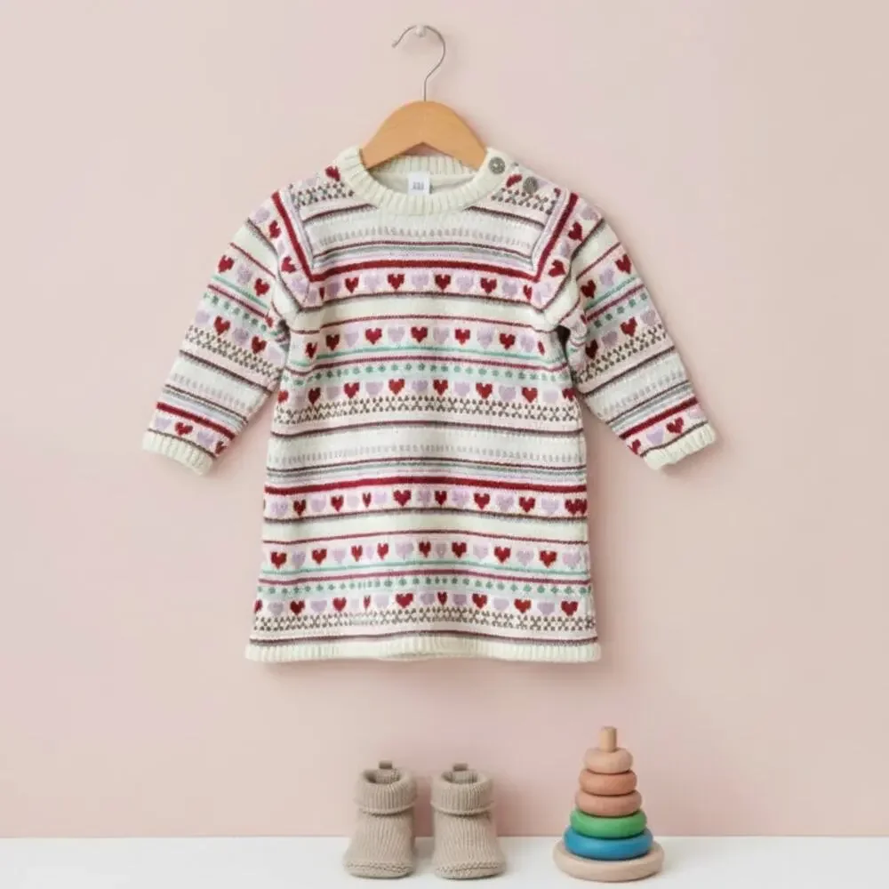 ❤️ Baby Gap Fair Isle Heart Cotton Knit Sweater Dress – Size 12–18 Months